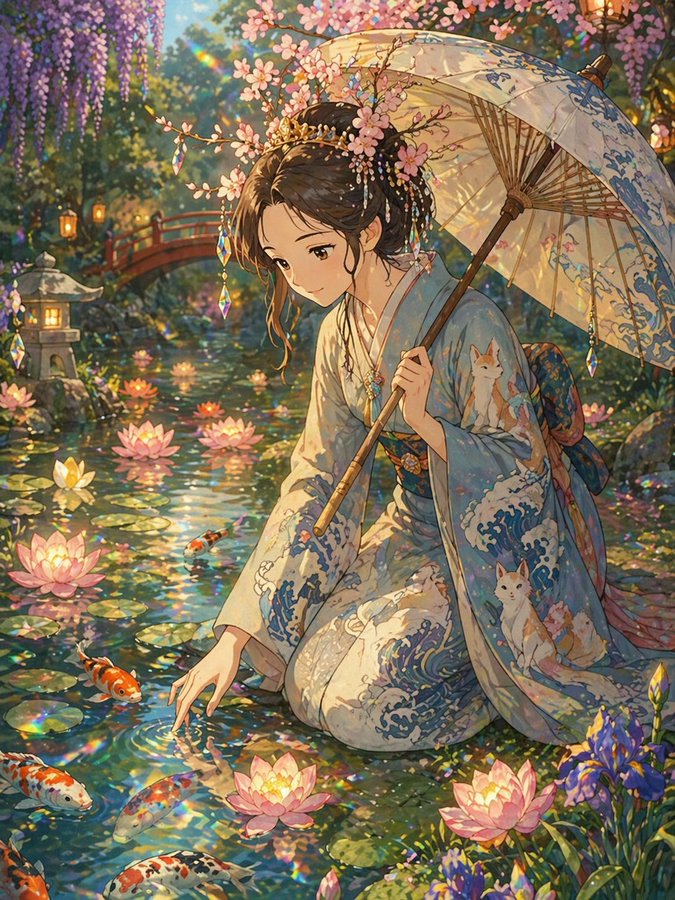 锦鲤池畔的梦幻和服女子