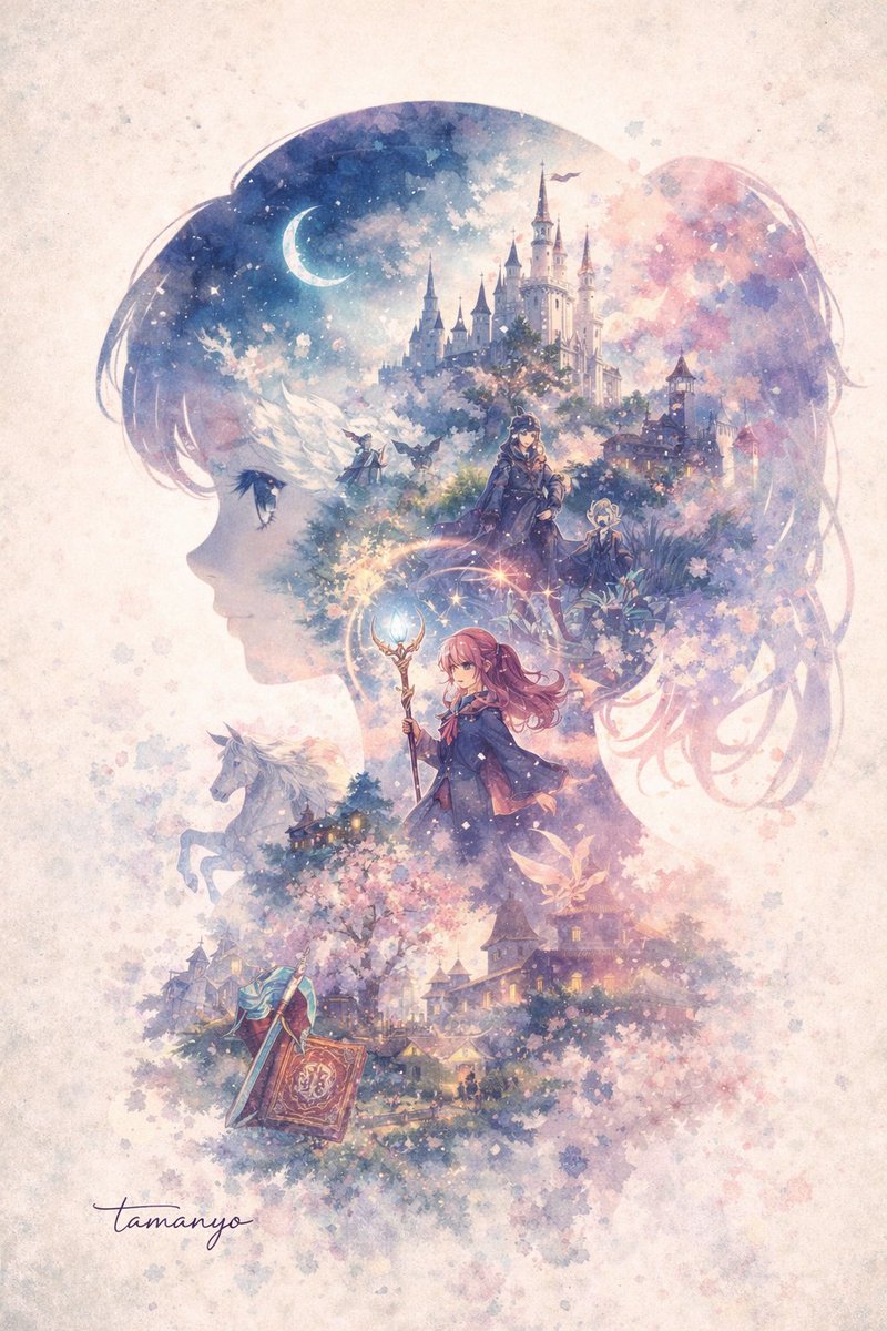 水彩双重曝光奇幻剪影