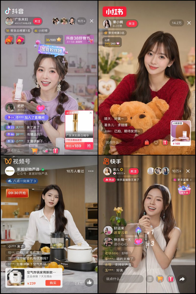 4 宫格直播 App UI 界面模型