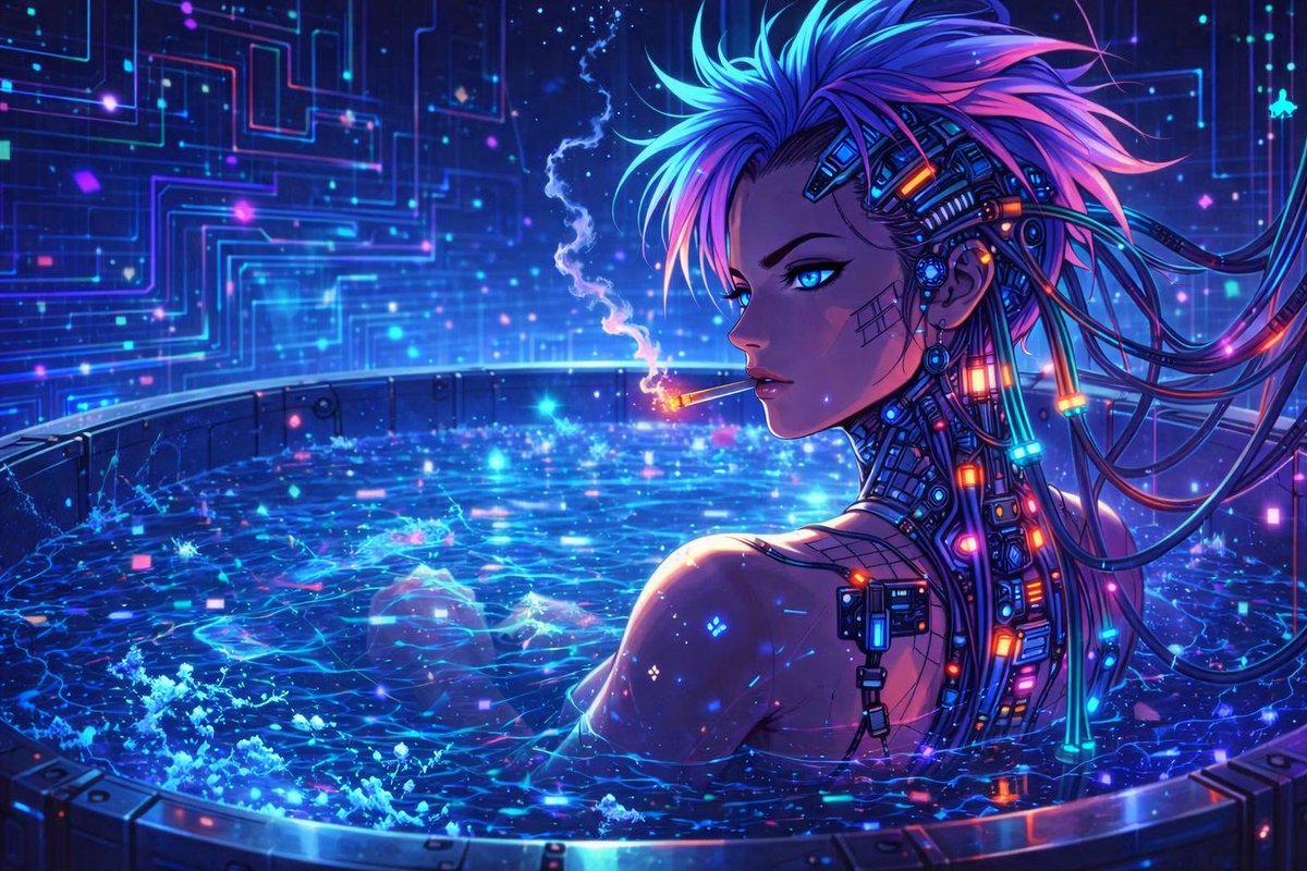 赛博朋克动漫风格角色：霓虹浴缸