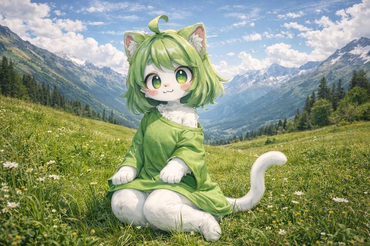 阿尔卑斯草甸中的写实风动漫猫娘