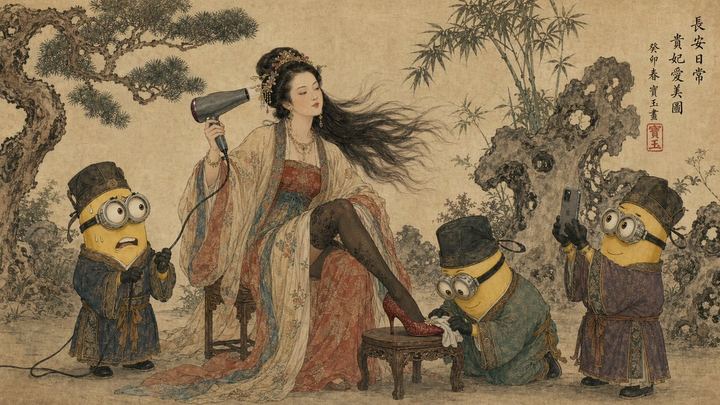 唐朝贵妃与小黄人工笔画