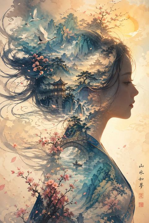 梦幻山水女子剪影