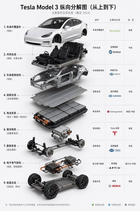 Tesla Model 3 拆解供应商信息图