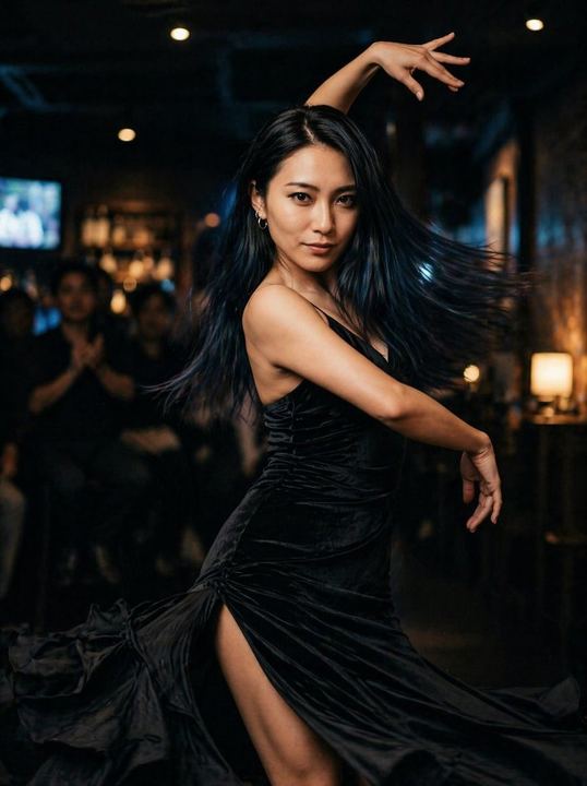 身着黑色礼服跳舞的女性