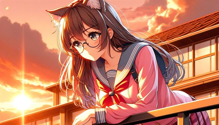 日落时分校园天台的猫耳少女动漫插画