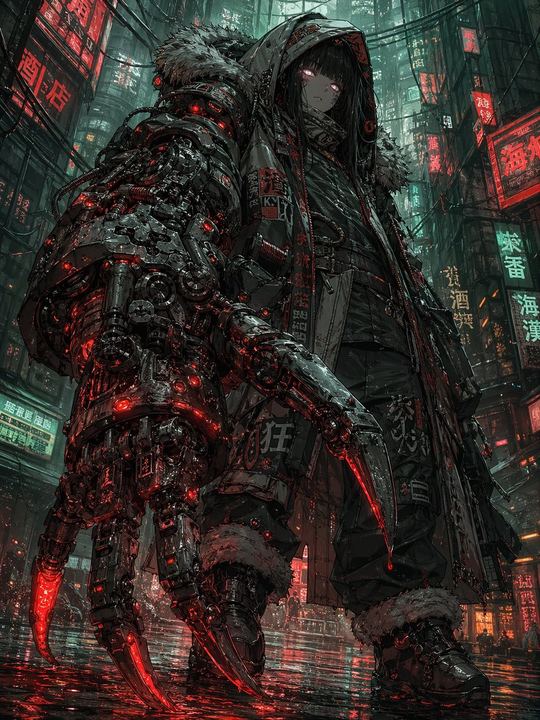 拥有巨型机械爪的赛博朋克少女