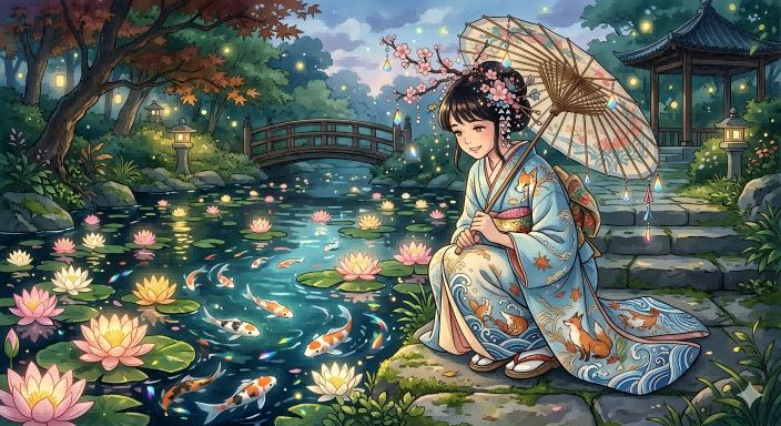 锦鲤池畔的梦幻和服女子