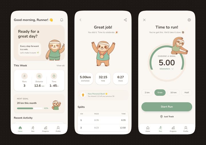 带有树懒吉祥物的柔和色调跑步 App UI