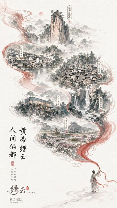 中国水墨风缙云旅游海报