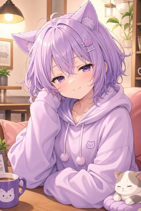 温馨淡紫色猫娘肖像