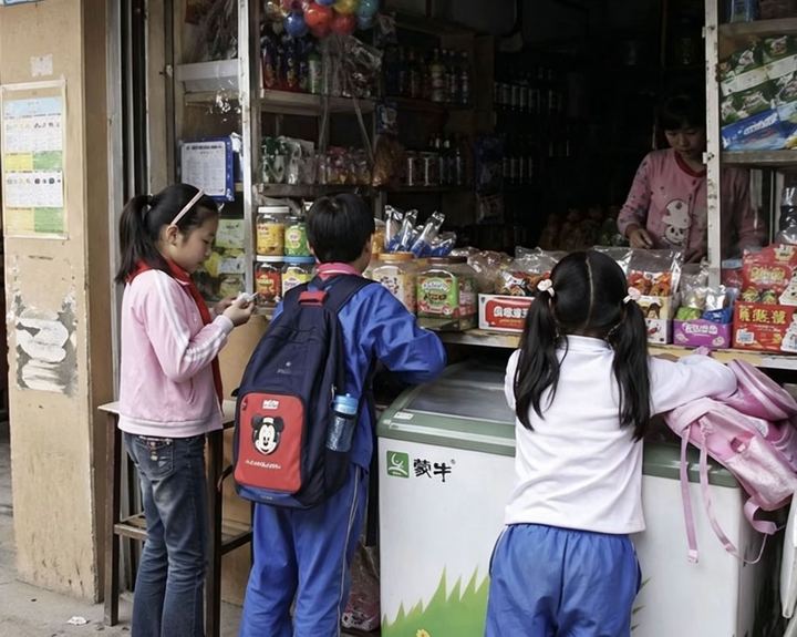 中国小学生在街角小店